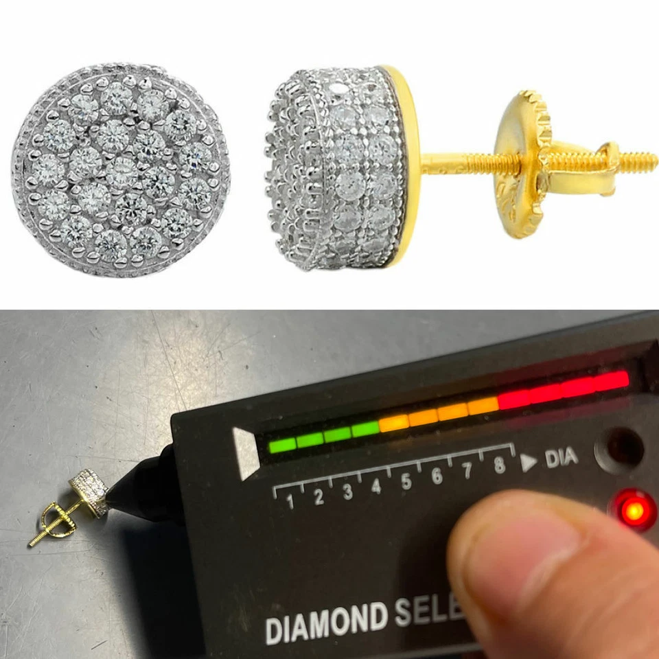 Pendientes redondos de plata de ley 925 vermeil de oro real para hombre tachuelas de moissanita heladas