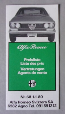 ALFA ROMEO orig 1980 Swiss Mkt Price List Brochure - Alfasud Algetta GTV Spider
