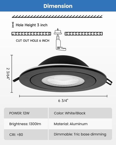 Recessed Lighting 6 inch - 12W Gimbal Light Eyeball Sloped Ceiling Recessed S... - Picture 5 of 8