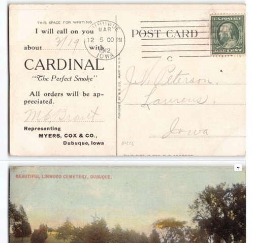 Weird Dubuque IOWA Cardinal Smoking Tobacco Advert. on Cemetery Postcard IA -N2