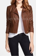 New Ladies Women Genuine Lambskin Leather Motorcycle Designer Biker Brown Jacket