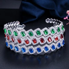 Silver Plated Green Cubic Zirconia Engagement Open Cuff Square Bangle Jewelry
