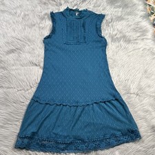 Free People Teal Blue Lace Ruffle Sheer Sleeveless Tunic Dress Size Small