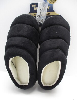 Isotoner Women Slippers Black Terry Puffer Slides Cushioned