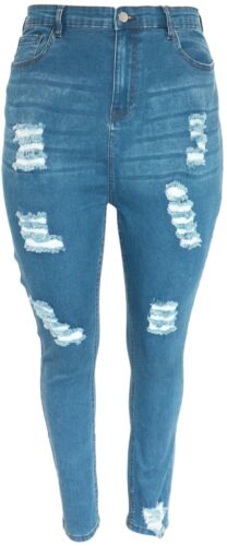 Jeans blu scuro medio elasticizzato denim strappo sfilacciato skinny vita alta jegging gamba 29" - Foto 2 di 5