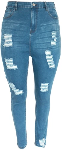 Ladies High Rise Stretch Denim  Mid Blue Wash Skinny Jeans Rip Fray 29L