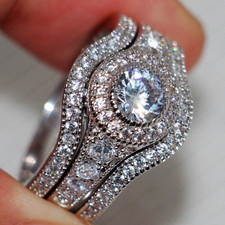6 mm Round Cut Moissanite Trio Set Halo Engagement Ring In 14K White Gold Plated