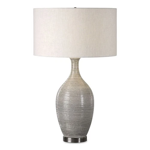 UTTERMOST 27518 DINAH TEXTURED MUSHROOM GRAY GLAZE CERAMIC DRUM SHADE TABLE LAMP - Picture 4 of 5