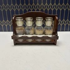 Vintage Set Of 4 Apothecary Glass Bottles with Wood Spice Rack Made In Japan