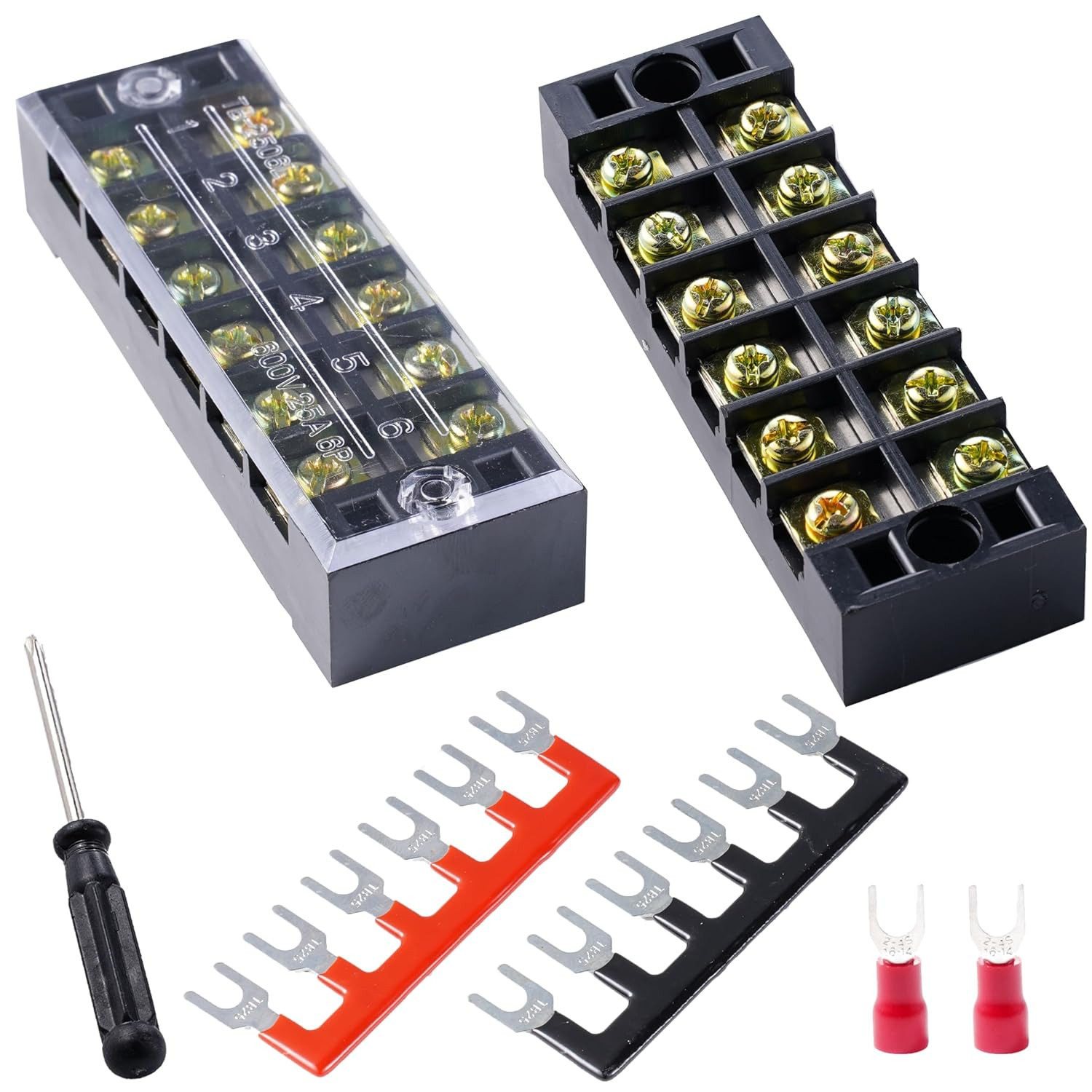 Terminal Block (2 Sets) 2Pcs 6 Positions Dual Row 600V 25A Screw Terminal Strip