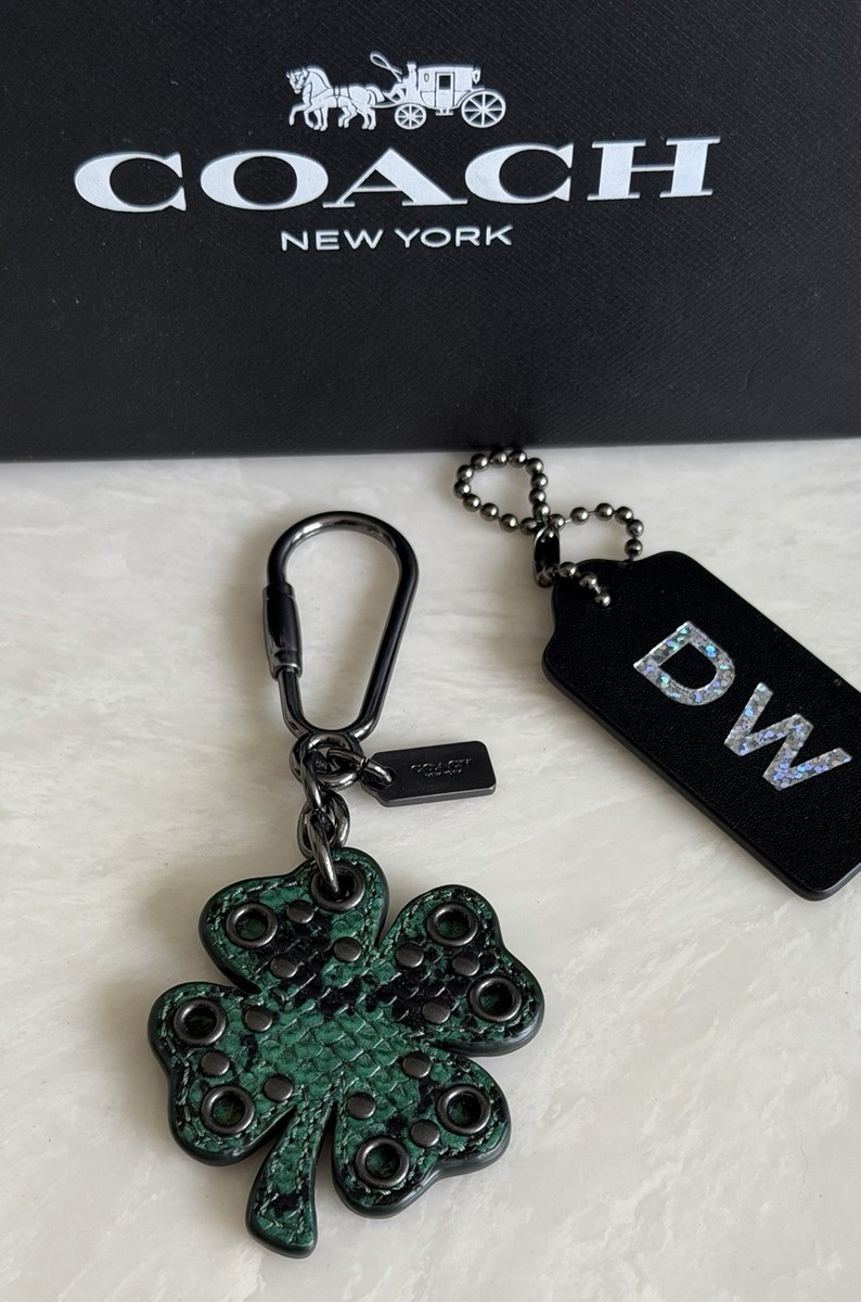 NEW COACH GREEN RIVETS/STUDS SHAMROCK 4 LEAF CLOVER BAG CHARM FOB