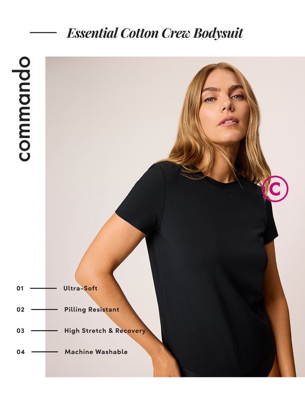 Commando L46315 Womens Black Essential Cotton Crew Neck Bodysuit Size XS