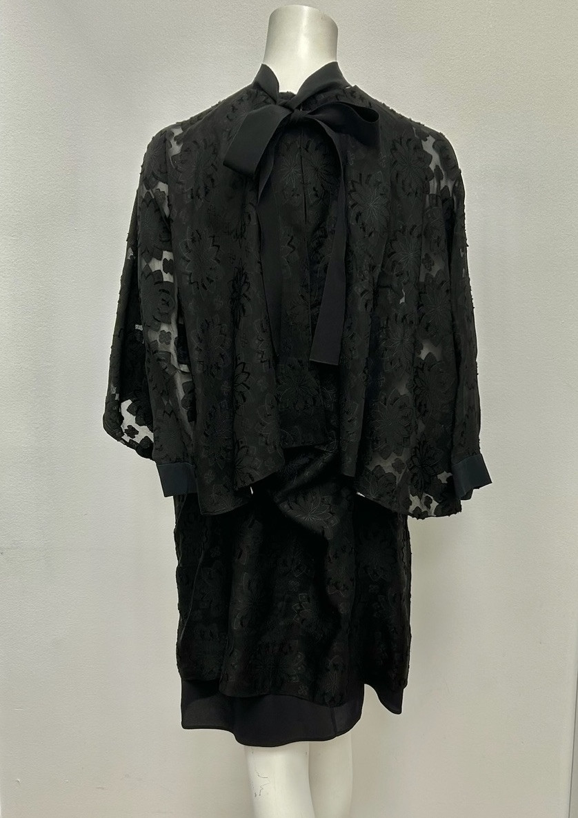 FENDI Black Lace Bow Tie Floral Long Cape Sleeve Short Dress FENDI Black Lace Bow Tie Floral Long Cape Sleeve Short Dress