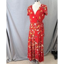 Free People Red Floral Wrap Maxi Dress S Short Sleeve Flutter Boho