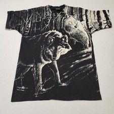 National Wildlife Shirt Adult Med Black Wolf AOP 1992 Harlequin Double Sided