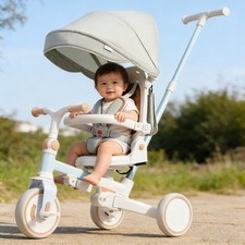 Blue 7 in 1 Foldable Baby Tricycle Removable Handle Pedal Canopy 12-72M