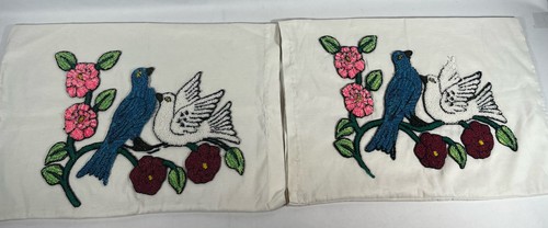 Vtg 50's Chenille Pillowcase Set Punch Needle Embroidered Birds Love Doves MCM