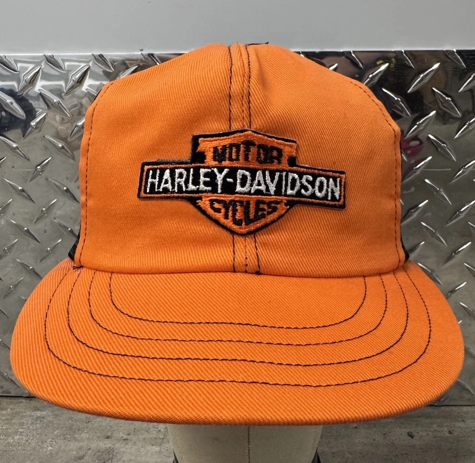 Vintage Harley Davidson Trucker Hat Mesh Snapback Orange Denim Made In USA 80s - Image 2 of 4