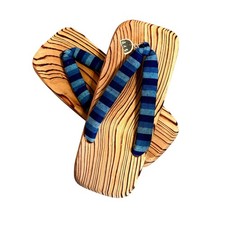 Japanese Geta Sandals Wooden Platform Striped Blue Fabric Straps with Tags