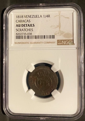 VENEZUELA, 1818, CARACAS, 1/4 REAL, NGC AU DETAILS, Scratches