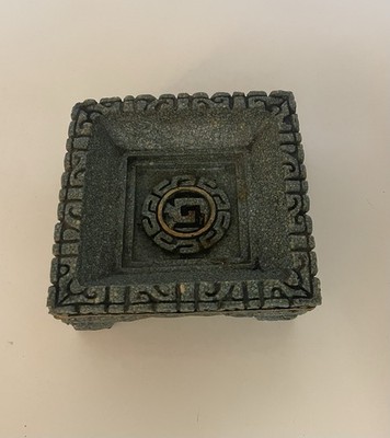 Vintage Antique Ashtray Jade Malachite Green Aztec Mayan Calendar Felt Back