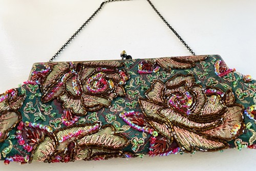 VTG Satin Beaded Sequins Roses Evening Handbag Purse Clutch Chain Strap Bag - Image 1