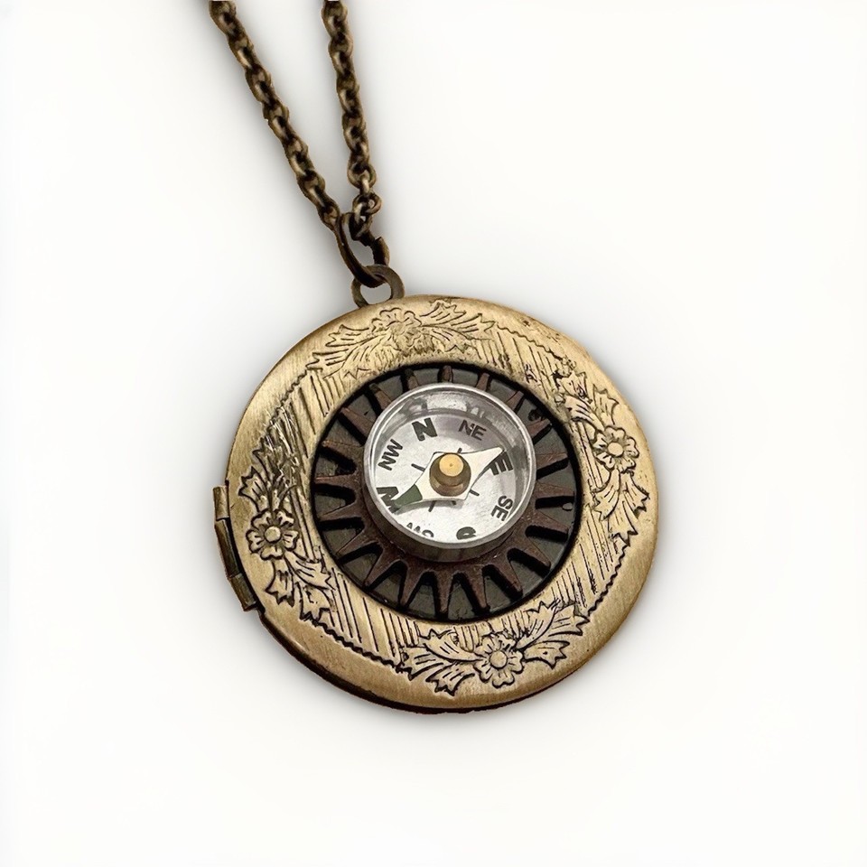 Working Compass Locket Necklace, Nautical Steampunk Pillbox Stash Photo Pendant