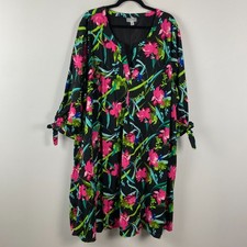 Catherines Tie-Sleeve Café Dress Size 4X Black Pink Floral Pockets 3/4 Sleeves