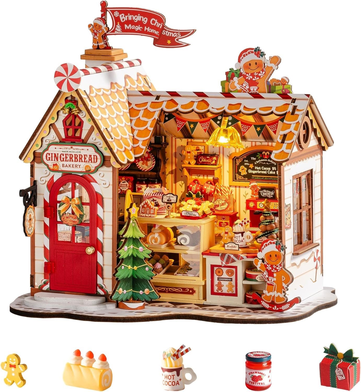 Rolife Wooden Miniature DollHouse 3D Puzzle Christmas Gingerbread LED Xmas Gifts