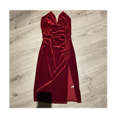 Fashion Nova Red Velvet Bodycon Midi Dress Ruched Slit Strappy Sleeve, Size S