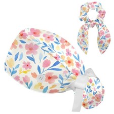 Scrub Caps Women Nursing Hats Wildflowers Buttons Ponytail Adjustable Pouch
