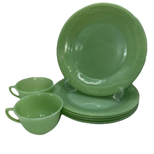 Fire King Anchor Hocking Jadeite green Jane Ray ribbed 5 - 9" plates  2 - Cups