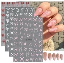 4Sheets Heart Bows Nail Art Stickers 3D Self-Adhesive Decals Bow Tie French NH28