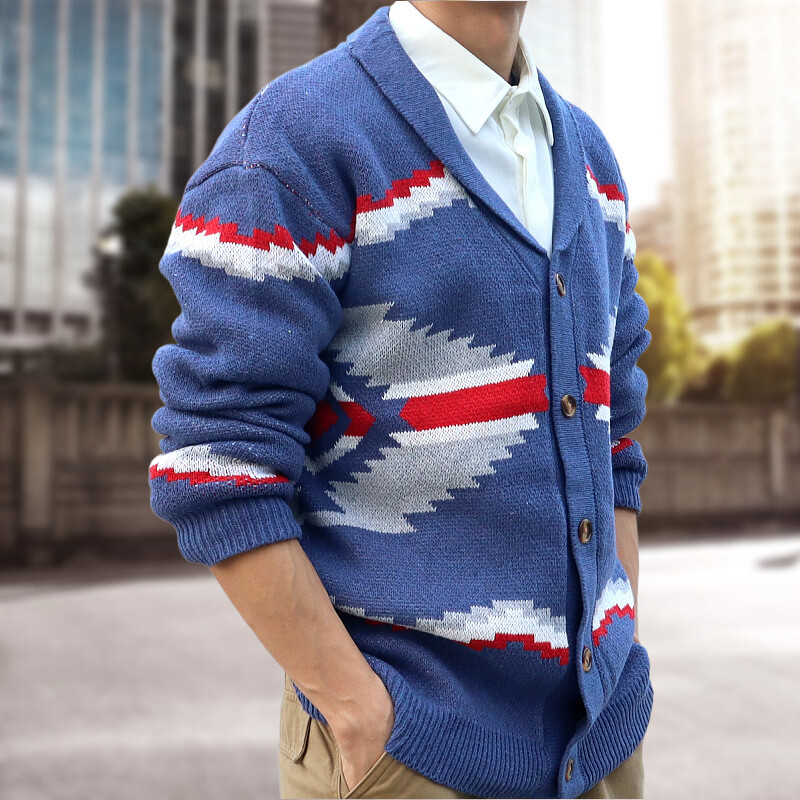 Retro Men's Jacquard Knit Cardigan Autumn/Winter Long