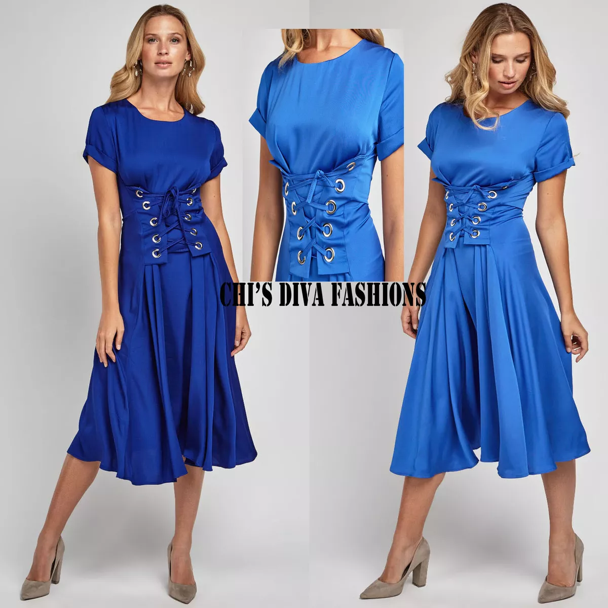 Beautiful Silky Lace Up Front Corset Midi Dress Size UK 10 14