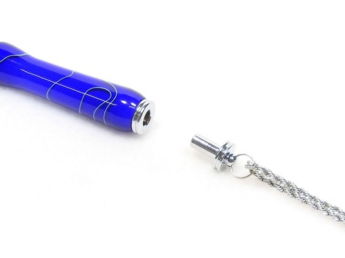 Handmade Seam Ripper Necklace w/ Stiletto, Sapphire Blue w/ White Lines Acrylic - Picture 5 of 7