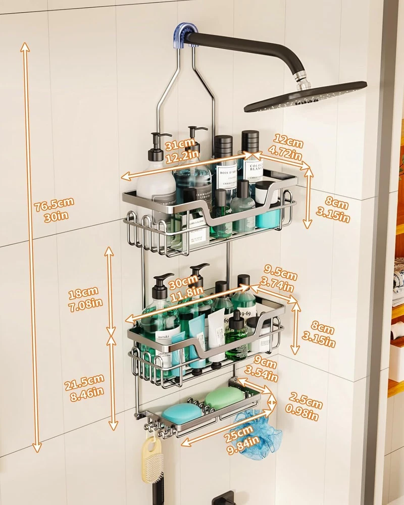Rustproof 3-Tier Over-the-Shower-Head Hanging Organizer