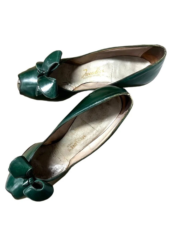 Tacones Tweedies Años 40 Cuero Verde Arco con Punta abierta talla 5?N + Camilla a Juego Foto 3 de 4