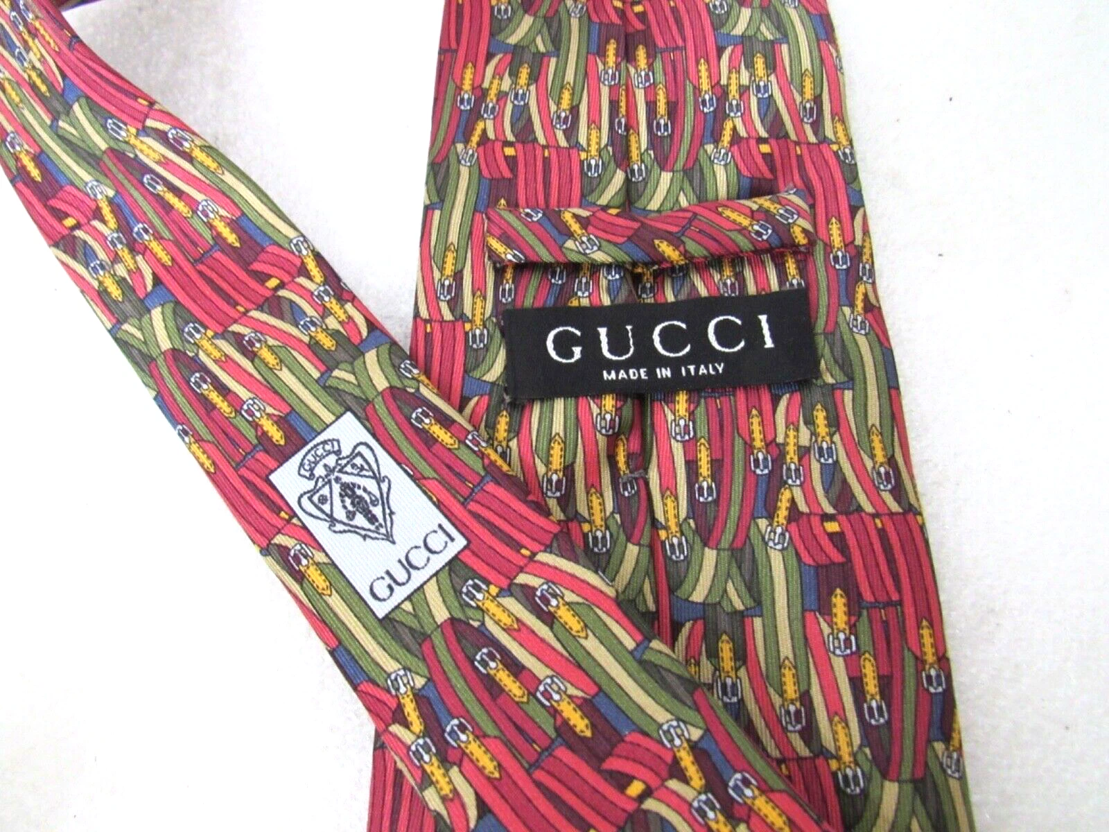 Gucci cravate en soie imprimée ceinture vert bordeaux fait main Italie
