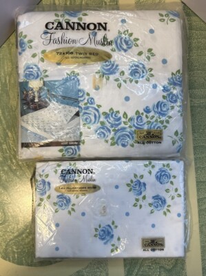 NOS VTG Cannon Fashion Muslin Twin Bed Sheet 72x108 Rose Dream & Pillowcases 21u