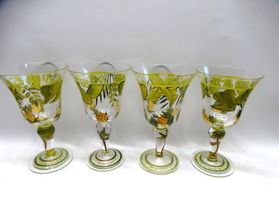 Set of 4 Vintage Hand Painted Pineapple Wine Glass Stemware Goblet Tropical EUC