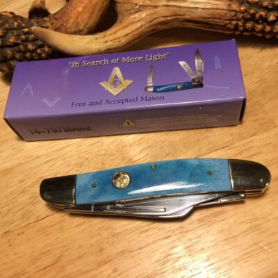 Frost Blue Smooth Bone Masonic Wrangler 3 7/8'' Stockman Pocket Knife F14797MAS2