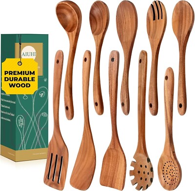 AIUHU Wooden Kitchen Utensil Set, Smooth Finish Kitchen Spoons Cooking Set 10