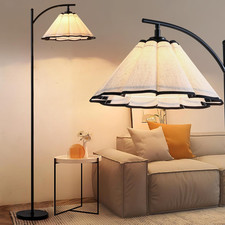 Modern Arc Floor Lamp with Pleated Linen Shade - Gold Tall Standing Light