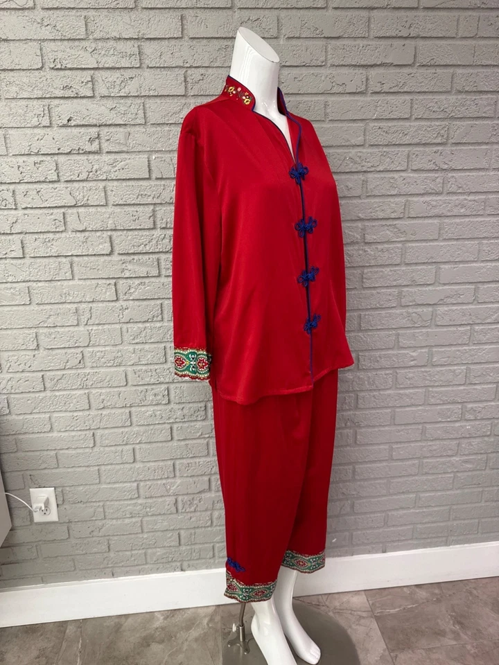 Conjunto de ropa de dormir de salón pantalón floral estilo oriental satinado rojo para mujer cabaret talla M Foto 3 de 4
