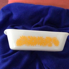 Vintage Glasbake Ovenware Milk Glass Loaf Pan w/ Yellow Daisies #1