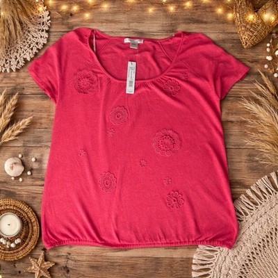 August Silk Pink Embroidered Blouse Womens Large Boho Short Sleeve Floral Top