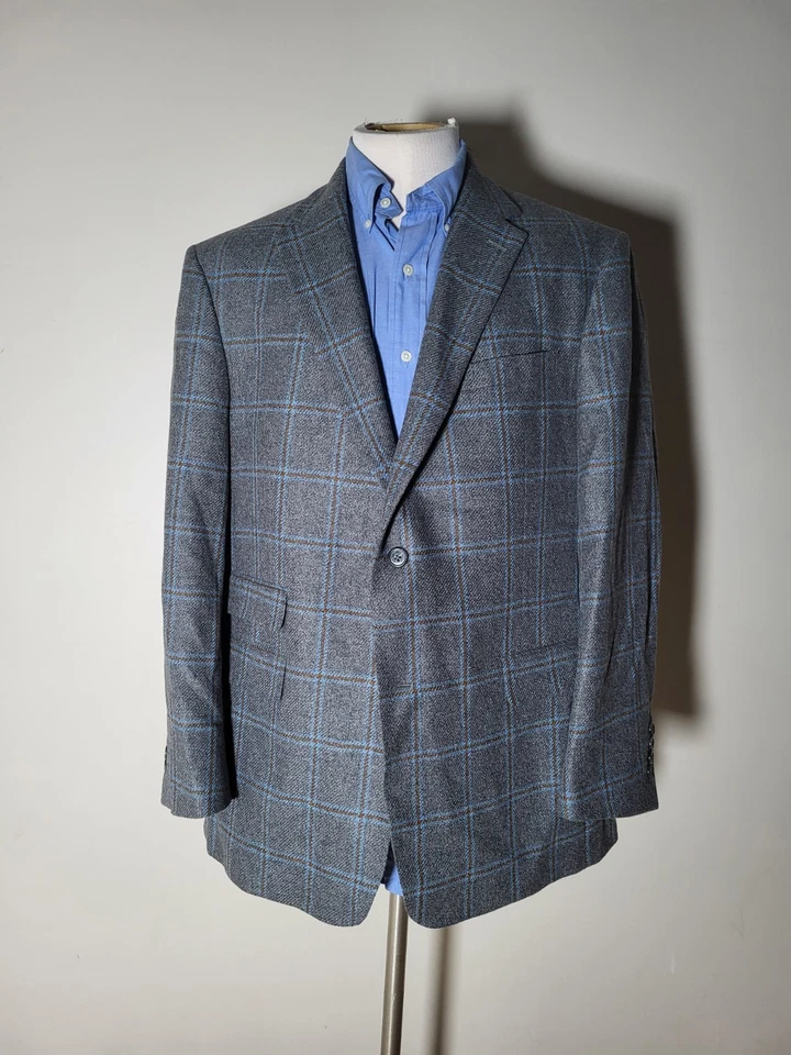 44R Austin Reed Gray Blue Orange Check Flannel Tweed Jacket Blazer Sport Coat - Image 3 of 4