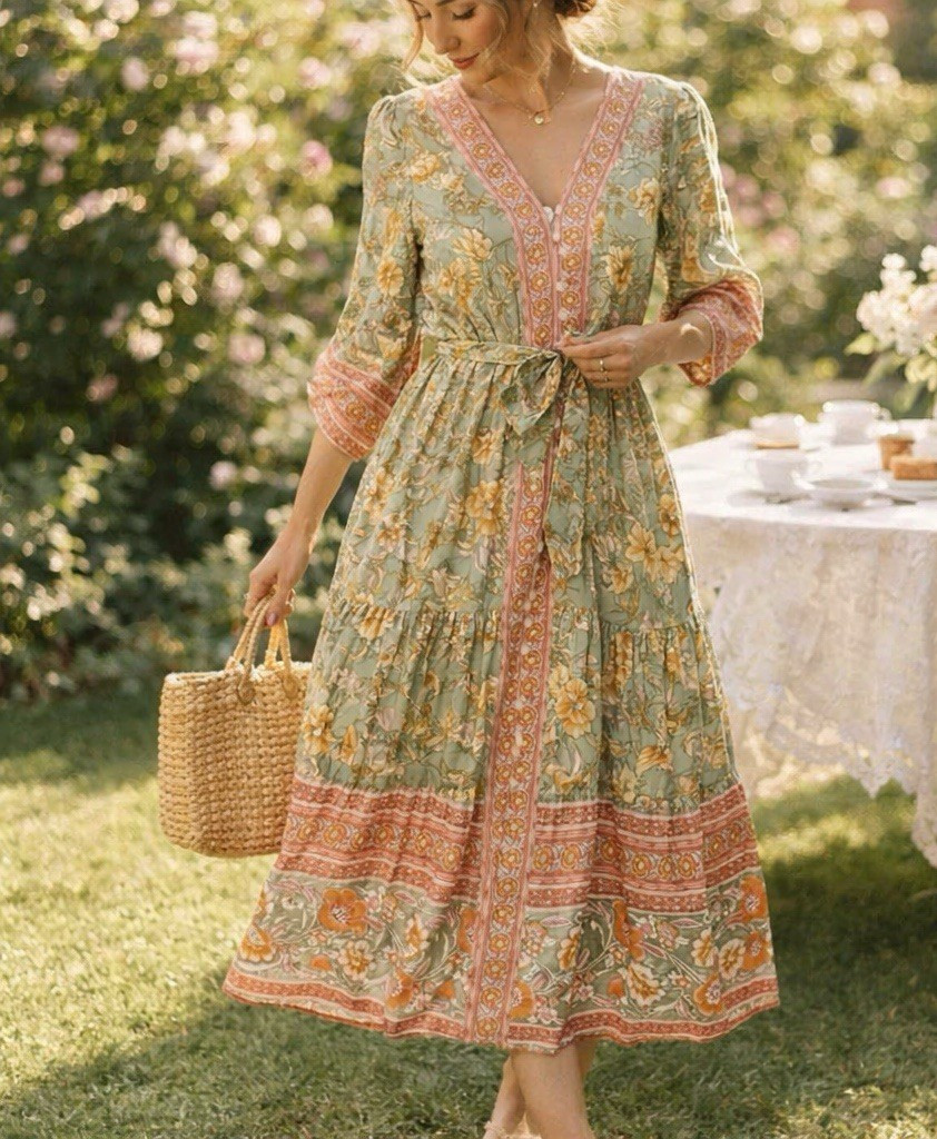 R. Vivimos Floral Bohemian Midi Dress Long Balloon Sleeve Button Tie Size M