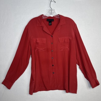 August Silk Blouse Womens XL Rust 100% Silk Button Up Long Sleeve Top